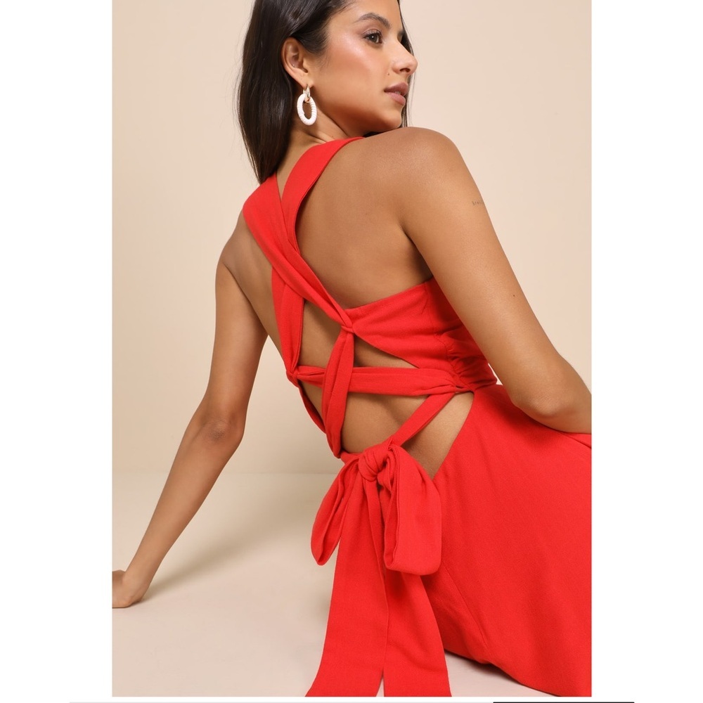 NWT Lulu’s Sunny Energy Red Lace-Up Midi Dress with Pockets Small Vacation Chic - Picture 6 of 14